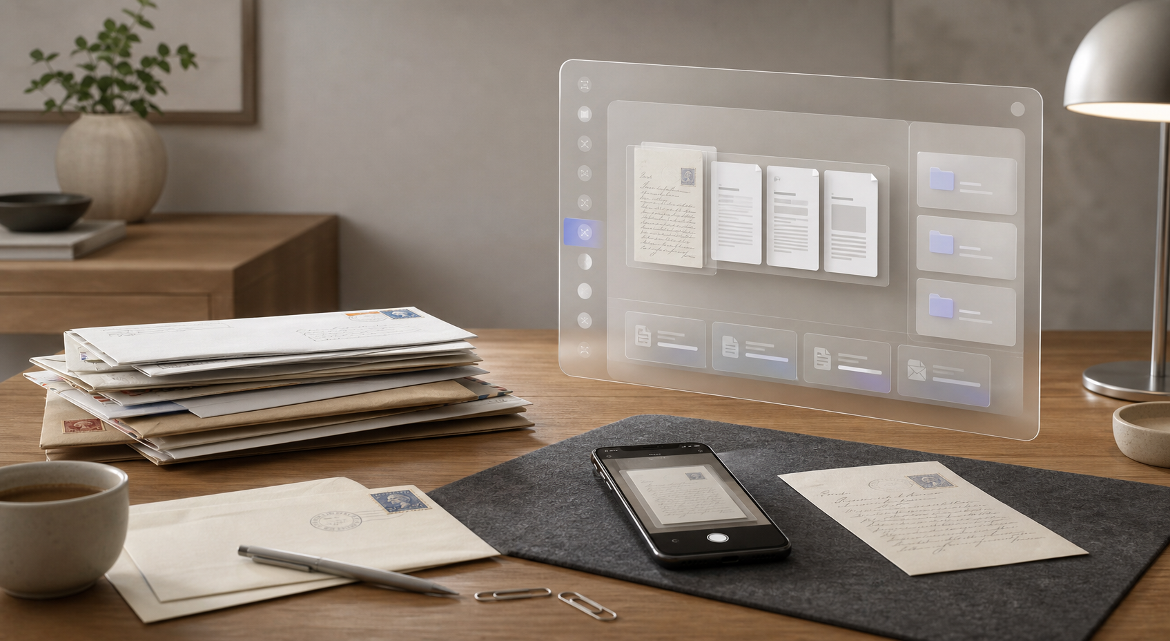 Premium Schreibtischszene mit Papierbriefen, Glasoberflächen und digitaler SortioKI Ablage